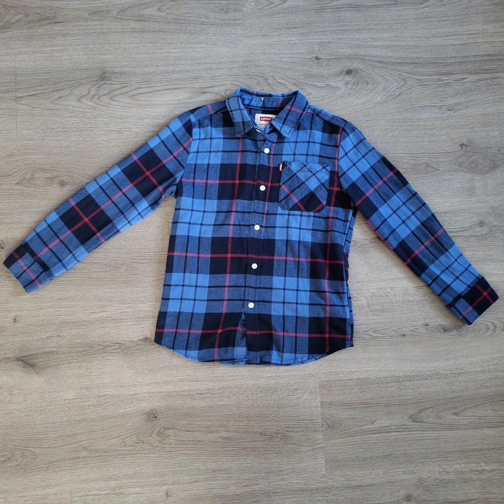 Levis Boys Blue Plaid Button Down Flannel Shirt Size M 10/12 Long Sleeve Fall